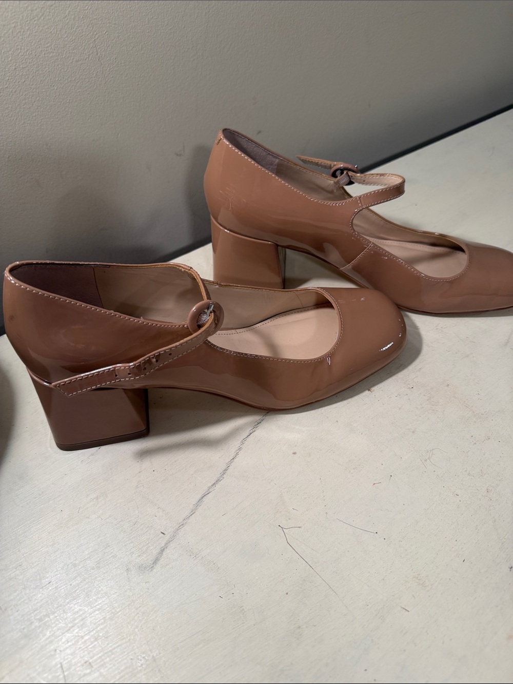 Marc Fisher Patent Mary Jane Block Heels in Taupe